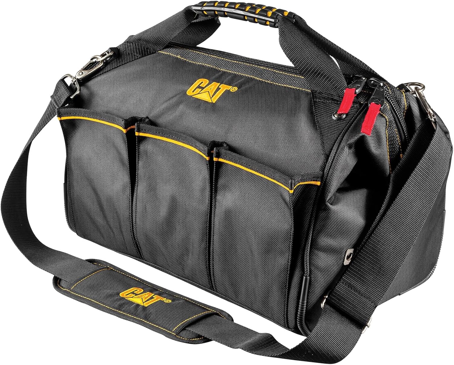 CAT 16-Inch Pro Wide Mouth Tool Bag, 18 Pockets for Tool Storage and Organization, Premium 1680D Water-Resistant Polyester Weave, Adjustable Shoulder Strap - 980192N