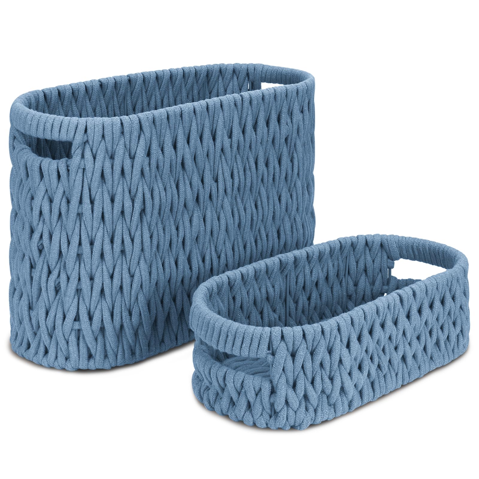 Boho Toilet Paper Storage Baskets, Cotton Rope Woven Bathroom Basket Set of 2, Standing Toilet Paper Holder for 6 Mega Rolls,Storage Bins for Toilet Tank Top, Bathroom Organizer Decor (Blue 2 Pack)