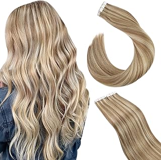 Ugeat Taśma do przedłużania włosów, 40 cm, prawdziwe włosy, proste włosy, #P10/613, jasny brąz i blady blond 50 g / 20 sztuk