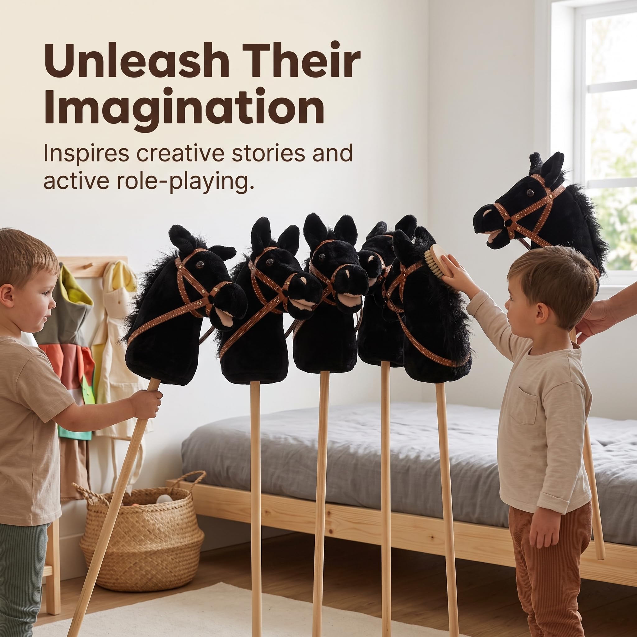 Hobby Horse Pferde für mit Soundeffekten, 100cm Steckenpferd zum Reiten, Schwarz, 100cm Hufeisengeräusch+Pferdegeräusch+Cowboy-Lied Nicht abnehmbar