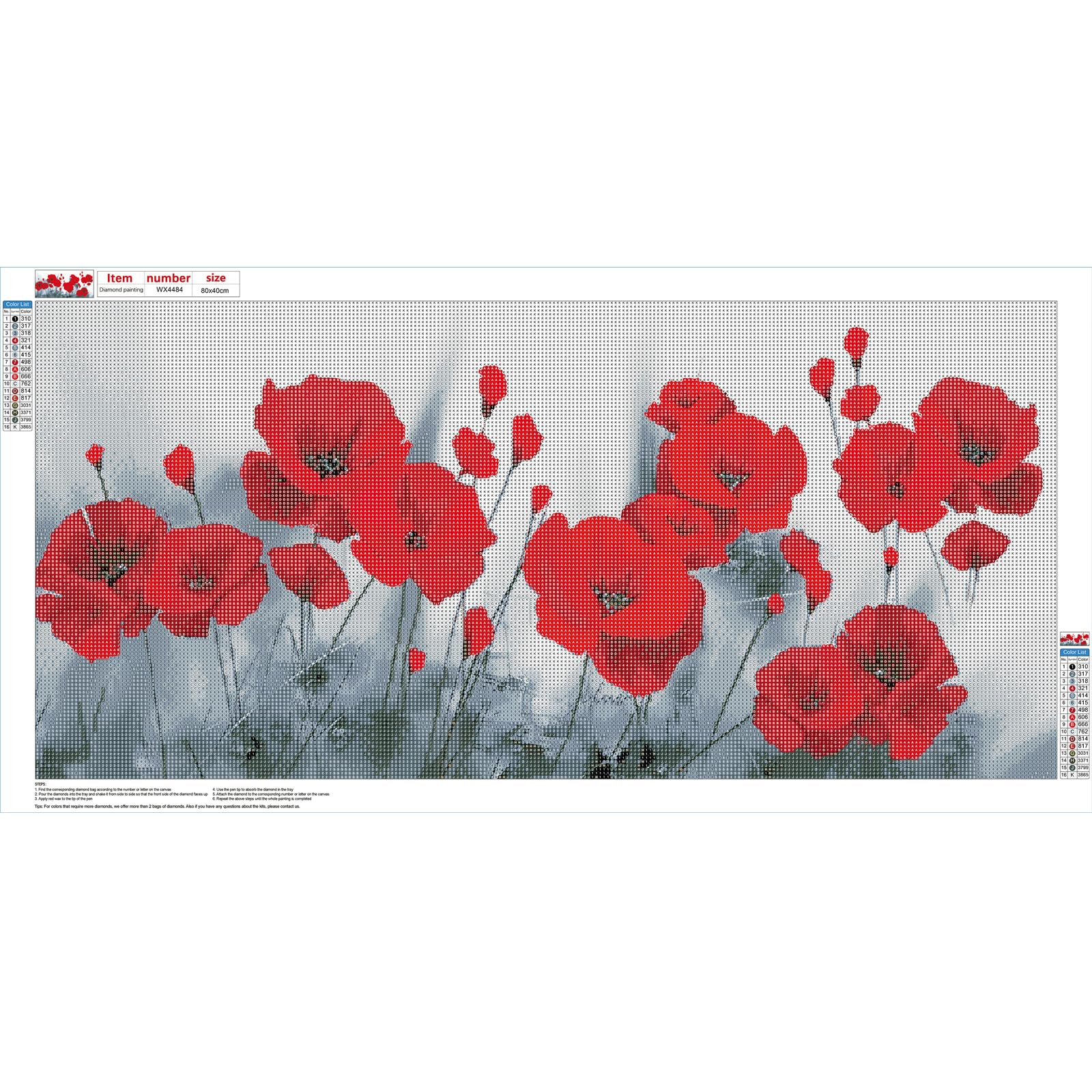 5D Diamond Painting Kit Completo,papaveri in fiore, Fai da Te Pittura Diamante per Adulti Bambini,Cristallo Strass Ricamo Punto Croce Diamante Arte per Decorazione Casa Pareti Square Drill 90x180cm
