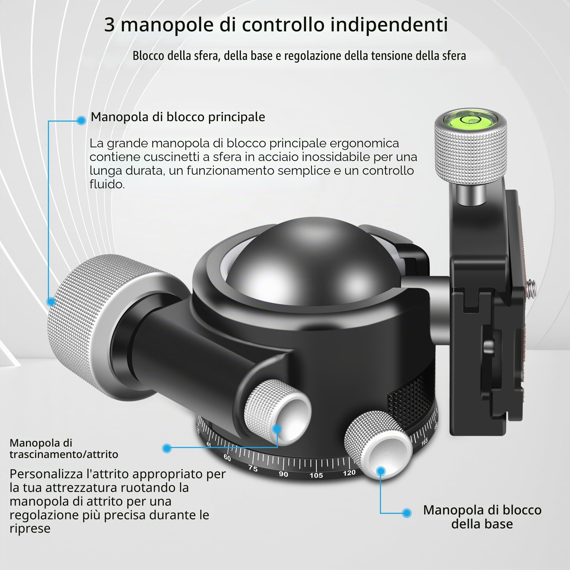 Testa a sfera a basso profilo da 55 mm, testa per treppiede per impieghi gravosi ARTCISE KB55 interamente in metallo con 3 piastre a sgancio rapido da 1/4" per treppiede, DSLR, carico massimo 40 kg