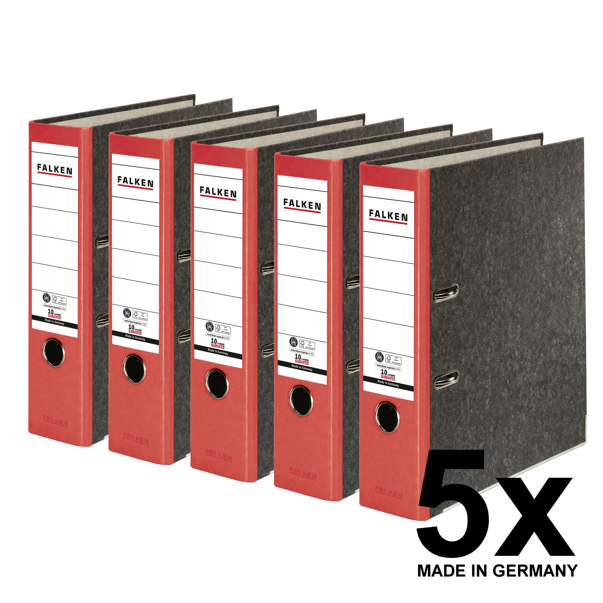 Falken - Confezione da 5 raccoglitori originali in marmo, realizzati in Germania, 8 cm di larghezza, DIN A4, dorso rosso, raccoglitore ad anelli, raccoglitori per lettere, raccoglitori da ufficio, in