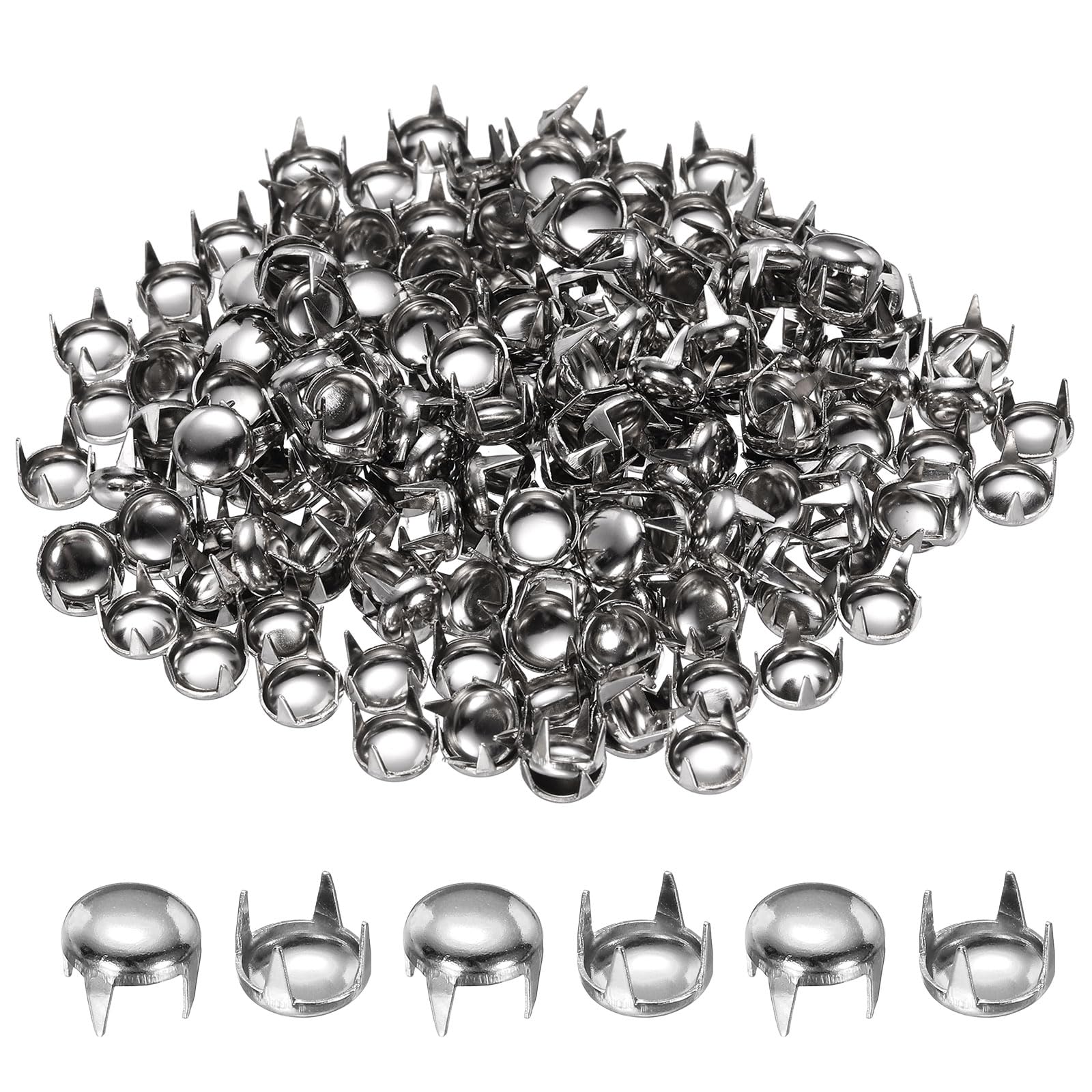 sourcing map 300pcs Round Dome Rivets 6mm Carbon Steel 4 Claw Rivet Metal Spike Studs Spots Punk Rock for Leather Craft Clothes Belt Bag Shoes Bracelet Accessories, Silver