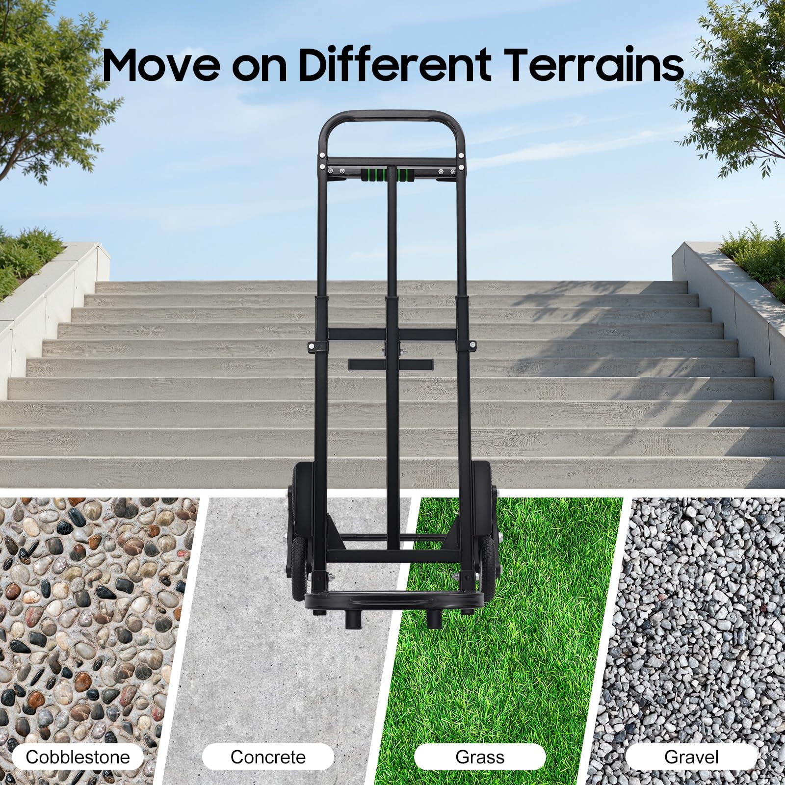 Treppensteiger - Carrello pieghevole fino a 210 kg, carrello professionale in acciaio con 6 ruote in poliuretano, carrello da trasporto regolabile in altezza 73-114,5 cm, per traslochi e scale, nero