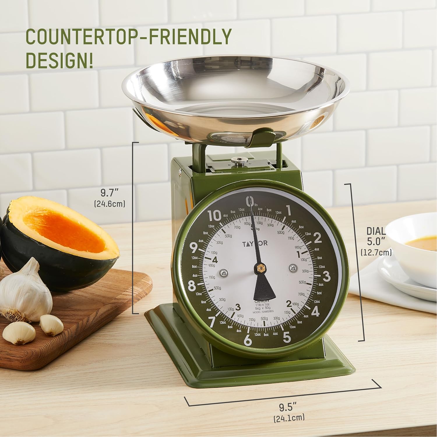 Taylor Analog Kitchen Scale, Stainless Steel Mechanical Food Scale with Removable Bowl, 11 lb Capacity, Large 5-Inch Dial, Battery-Free Design for Baking and Meal Prep