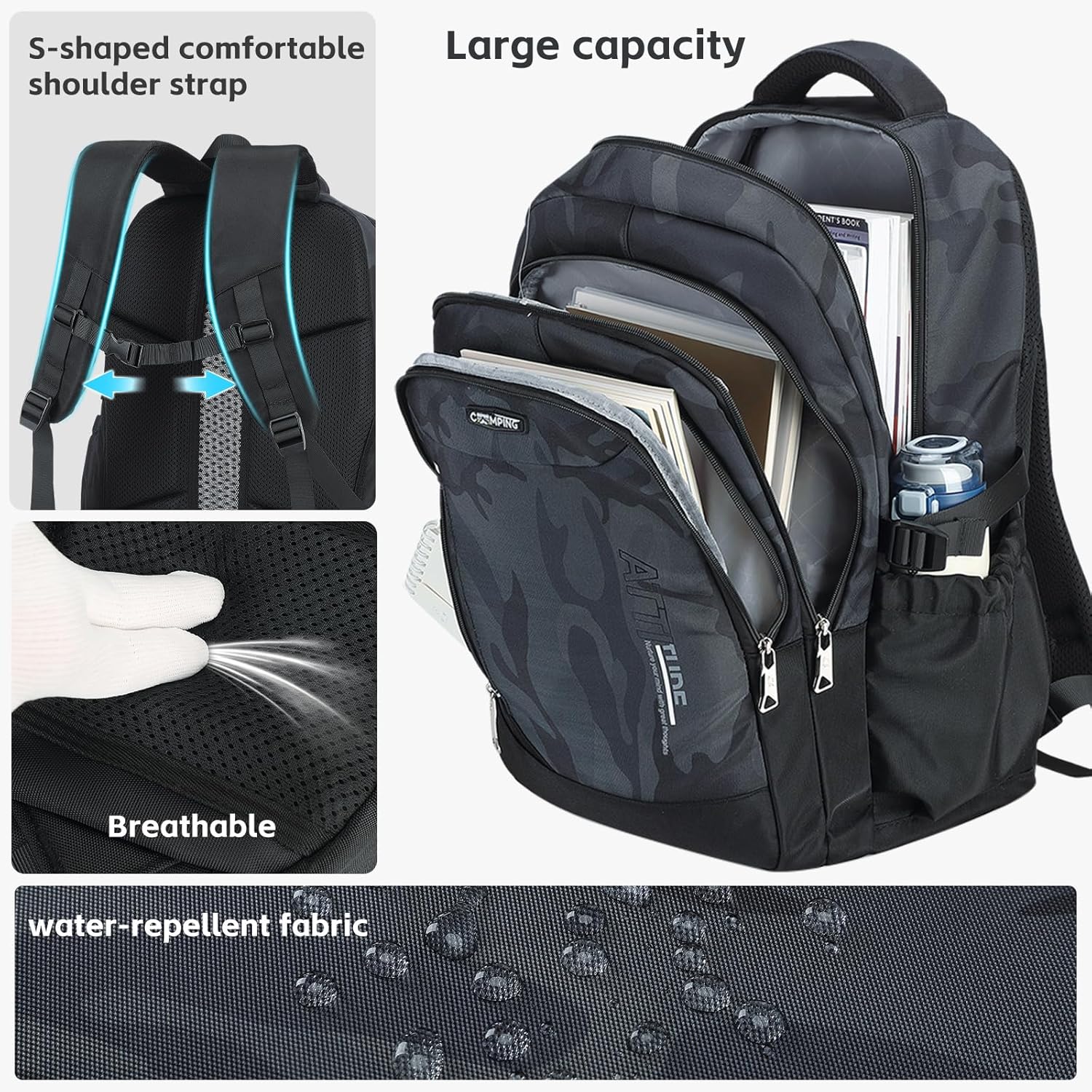 Backpack, 34L 15.6'' Laptop Compartment, Ergonomic 3D Pad, Water-Resistant Oxford Fabric (Black)