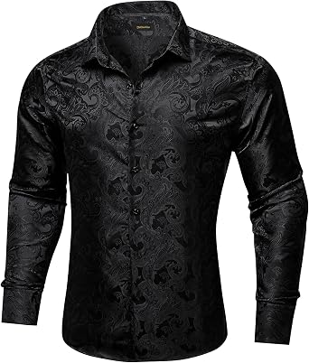 DiBanGu Men's Silk Paisley Dress Shirt Formal Long Sleeve Button-Down Casual Shirts for Wedding Party