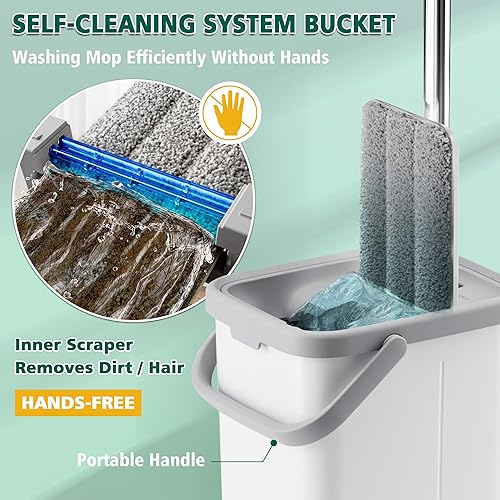 Miniatura 2 de JC Jorden Trapeador y cubo con juego de escurridor, trapeador de piso plano manos libres y cubo, 3 almohadillas de microfibra lavables incluidas,