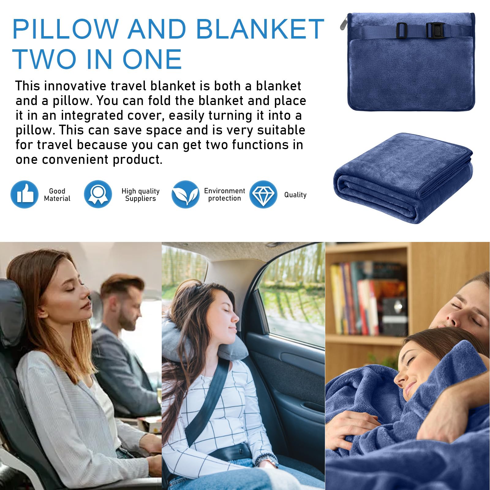 BAIFULAI Manta de viaje para avión, almohada 2 en 1, manta de avión, ultraligera, cálida, con antifaz para dormir y tapones para los oídos, cojín transformador, gadgets de viaje para vacaciones,