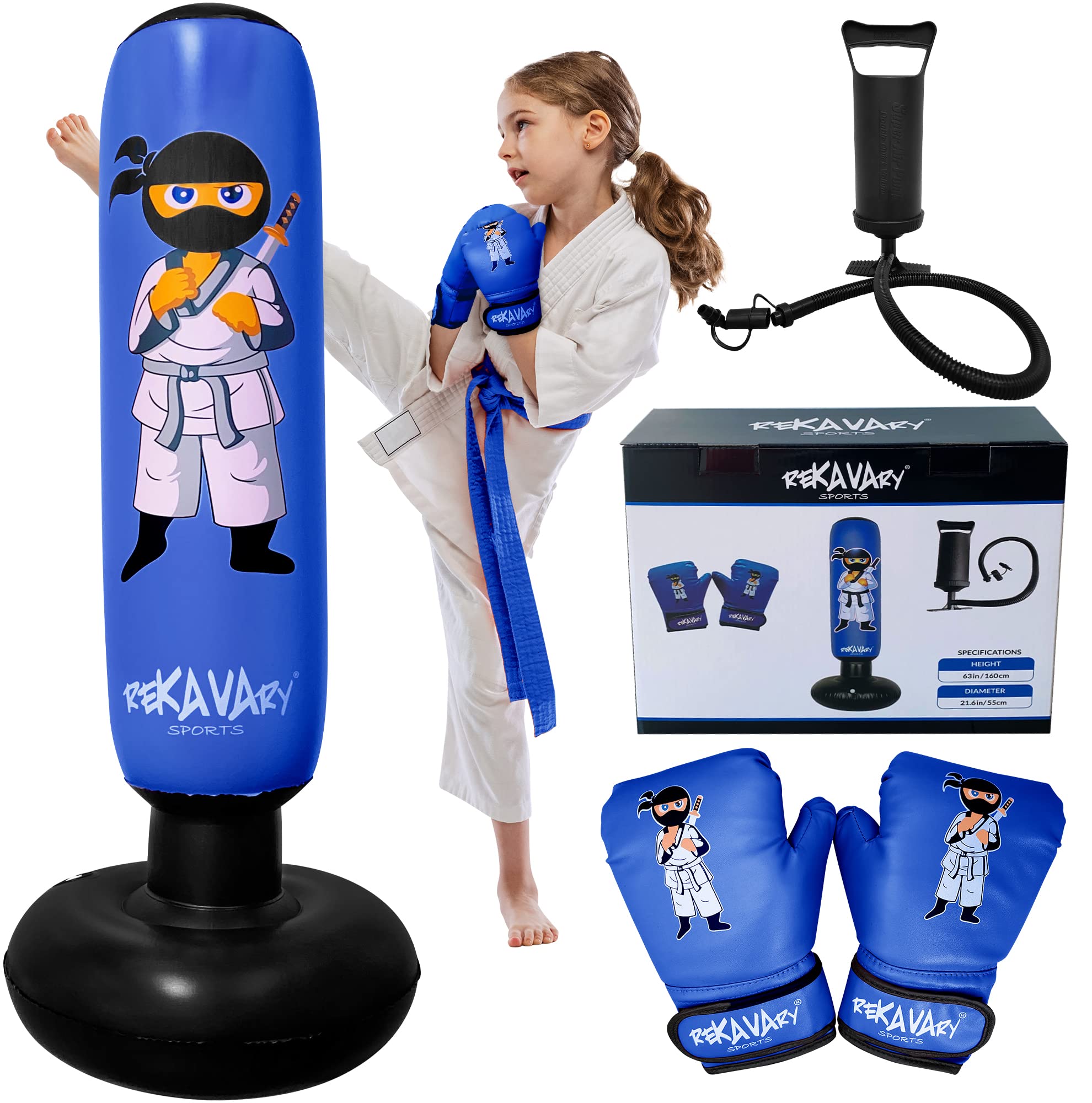 Punching Bag for Kids - 5' 3" Ninja Kids Inflatable Punching Bag Combo Kit with Kids Boxing Gloves, a Pump and Repair Kit. Boxing Bag for Immediate Bounce Back