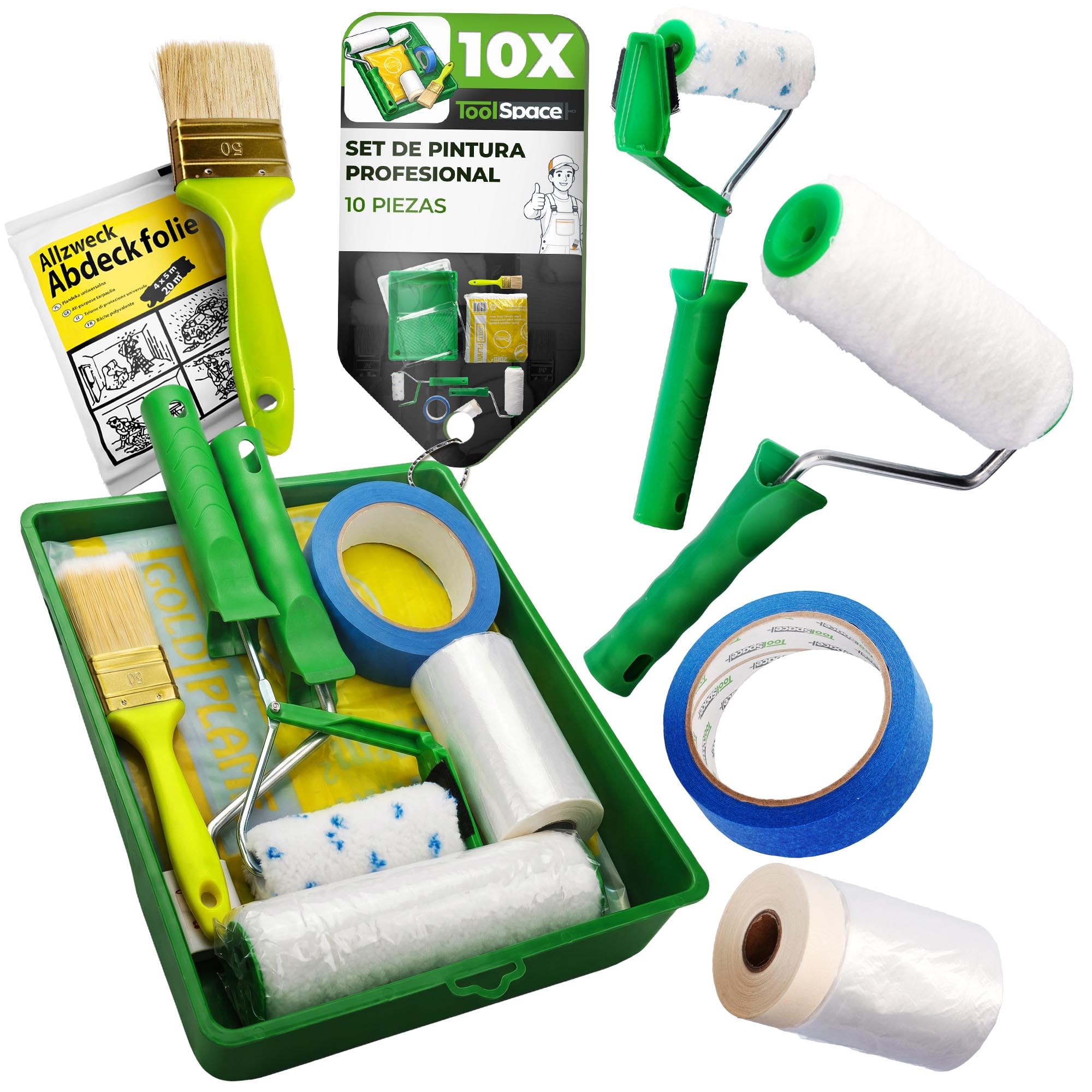 ToolSpace set de pintor 9 piezas rodillo de pintura para pintar techos paredes - rodillo y mango rodillo de recorte brocha bandeja de pintura
