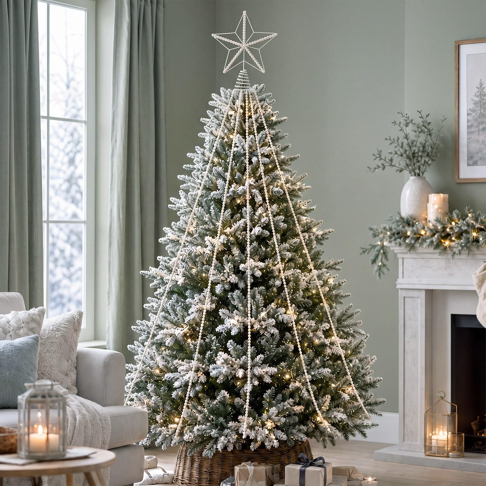 Arrowbash 7 piezas de decoración de estrella de 25 cm, estrella blanca para árbol de Navidad con 6 hebras de 200 cm, adorno de cadena de perlas sintéticas para árbol de Navidad de 5 a 8 pies