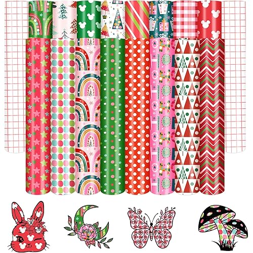 Tintnut Easter Permanent Vinyl - 16 Sheets 12"x10", Red Rainbow Permanent Adhesive Vinyl, Red Pink Pattern Self Sticker,Outdoor for Easter Decor