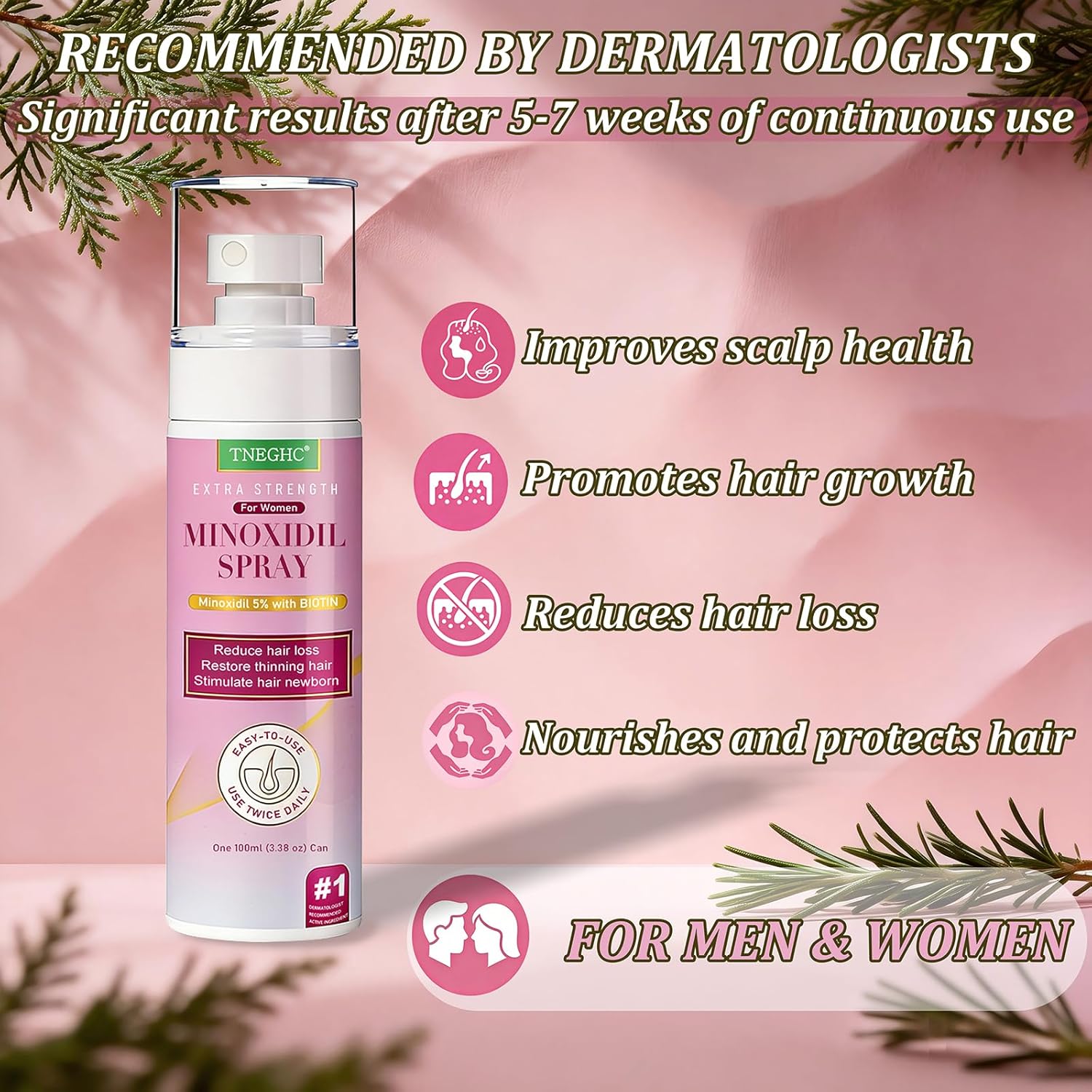 Topical 5% Minoxidil Spray for Men & Women, Hair Regrowth Treatment with Biotin for Thinning Hair, Receding Hairline & Alopecia Areata, Extra Strength Hair Loss (5 x 3.38 OZ, 8-9 Month's Supply) - Image 5