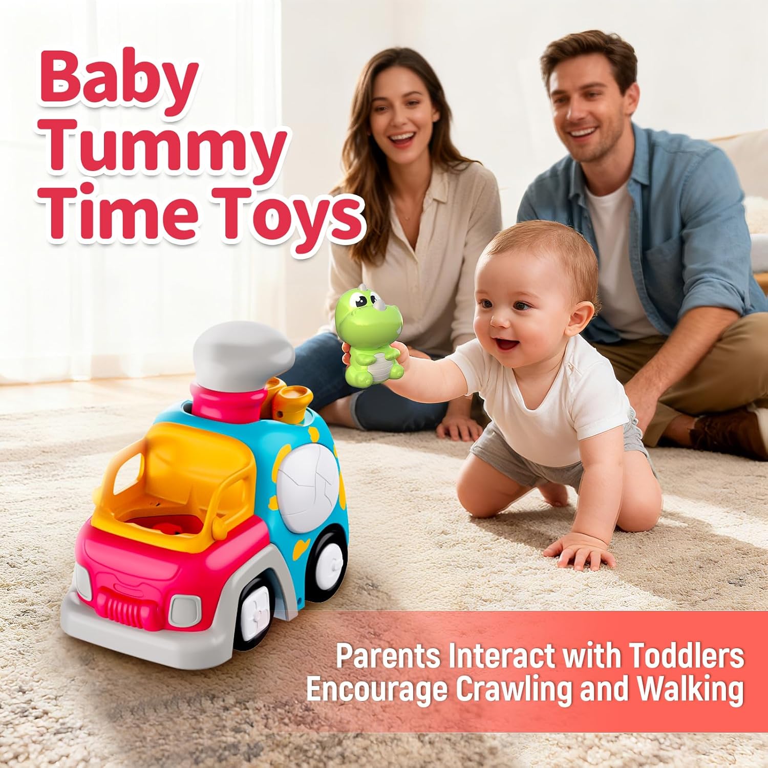 P&C Dinosaur Truck Toys for 1 2 3 Year Old Boys Girls, 18-36 Months Baby Toy with Music & Lights, Montessori Learning Toy for Crawling Walking, Educational Push Car for Toddlers, Birthday Gift