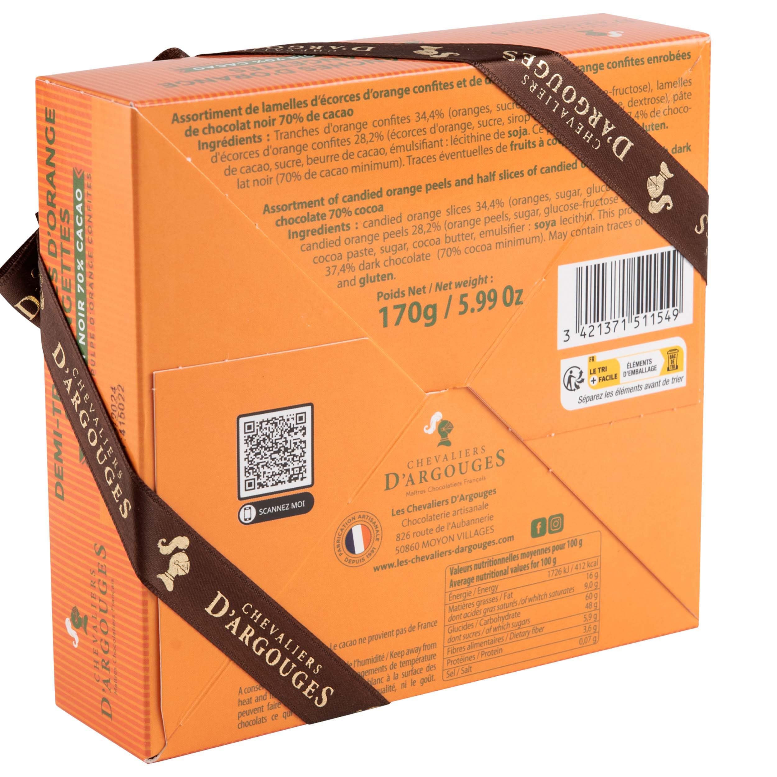 CHEVALIERS D'ARGOUGES Maîtres Chocolatiers Français - Assortiment orangettes et tranches d'oranges enrobées chocolat noir 70% - Coffret cadeau 170g