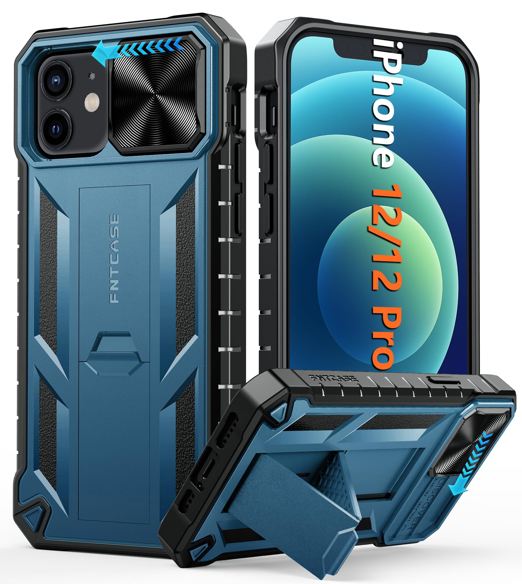 FNTCASE for iPhone 12 Phone Case: Rugged Military Grade Full Protection Shockproof Protective Case with Kickstand | TPU Matte Textured Heavy Duty Hard Bumper Phone Cover for iPhone 12/12 Pro Blue