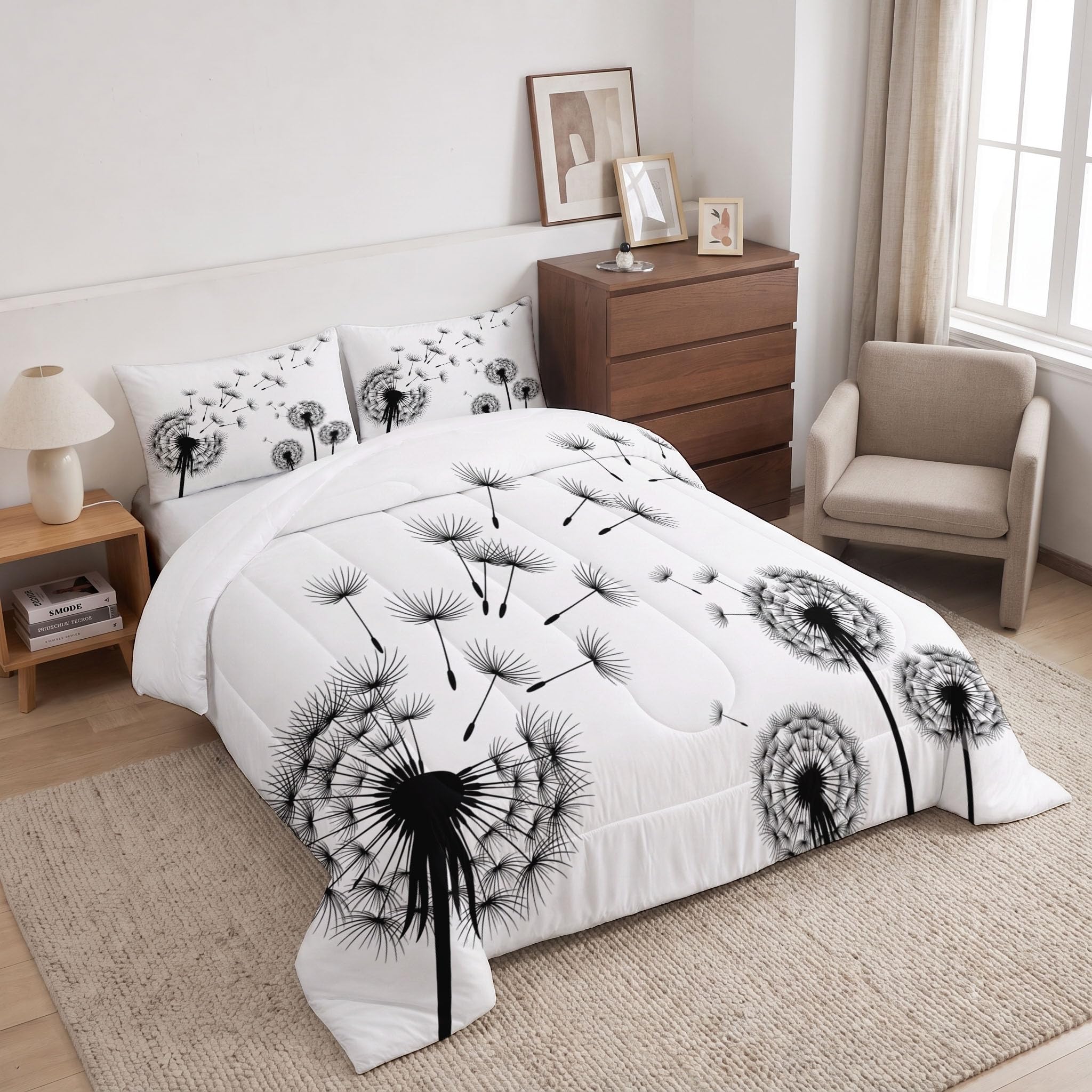 Löwenzahn Samen Bettdecke 140x200cm 4 Jahreszeiten | Einfach Waschbar Bettdecke Ohne Bezug - Minimalismus Weiche Bequeme Wende Steppdecke Mit 2 Kissenbezug, Weiß