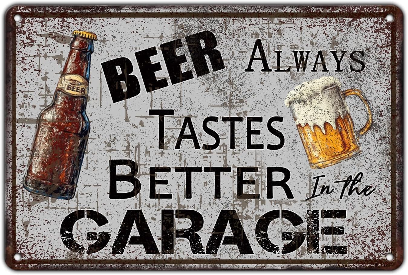 SMAZDFXX Beer Tastes Better in the Garage Retro Tin Sign Metal Wall Decor for Man Cave Bar Restaurant Fun Beer Theme Poster 5.5"x8" (Alt)