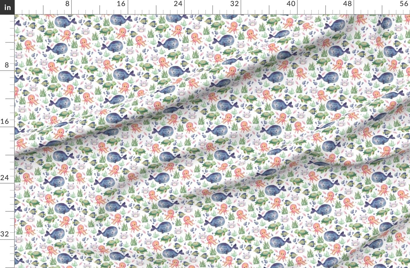 Spoonflower Fabric - Sea Creatures White Watercolor Ocean Blue Life Animals Turtle Crab Printed on Polartec(R) Fleece Fabric by The Yard - Sewing Blankets Loungewear and No-Sew Projects