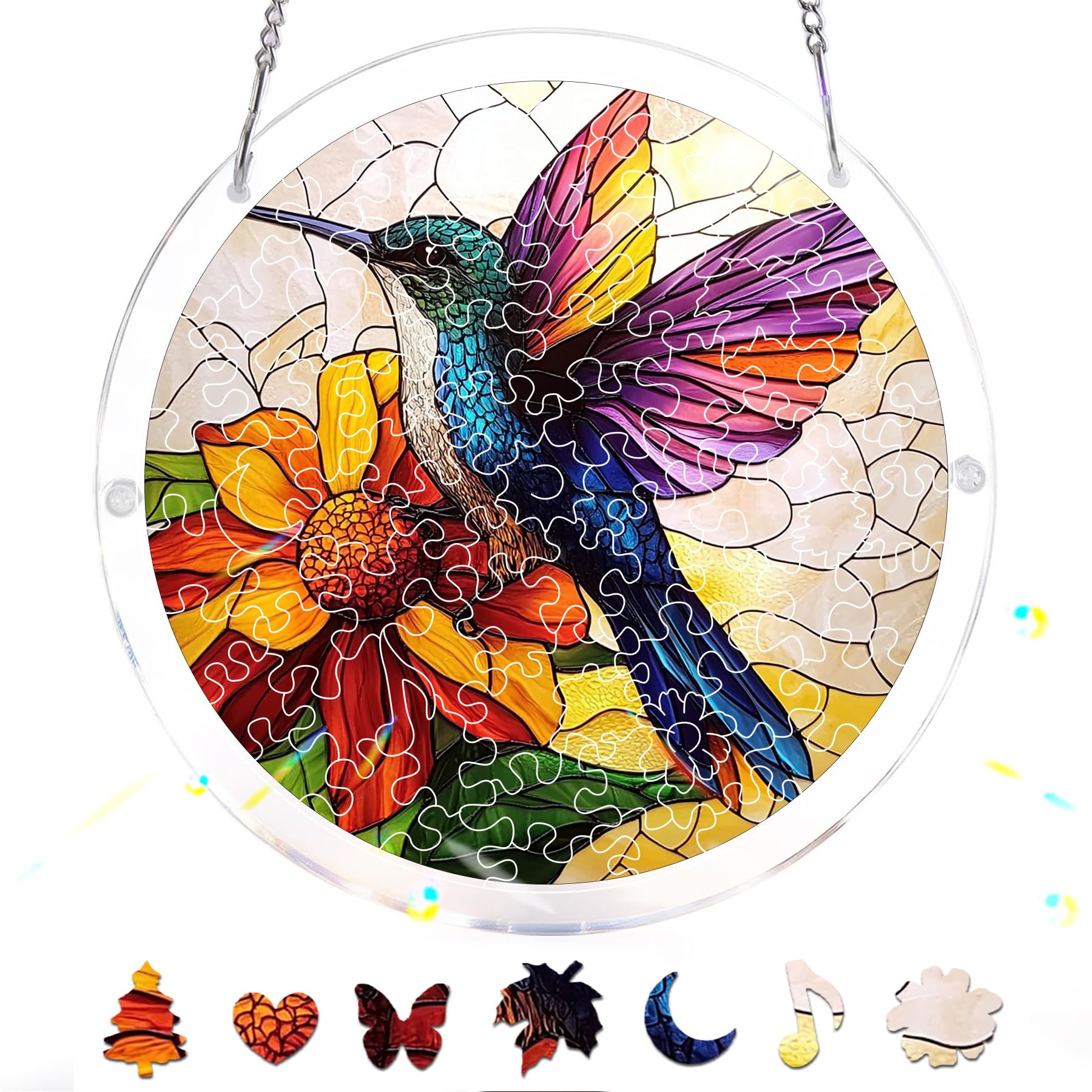 Reofrey Acrylic Puzzle Suncatcher for Adults, 83 Piece Stained Glass DIY Jigsaw Puzzle, Double-Sided Acrylic Window Hanging Decor with Chain, Gift for Mom, Home Garden Decoration, 18cm A414