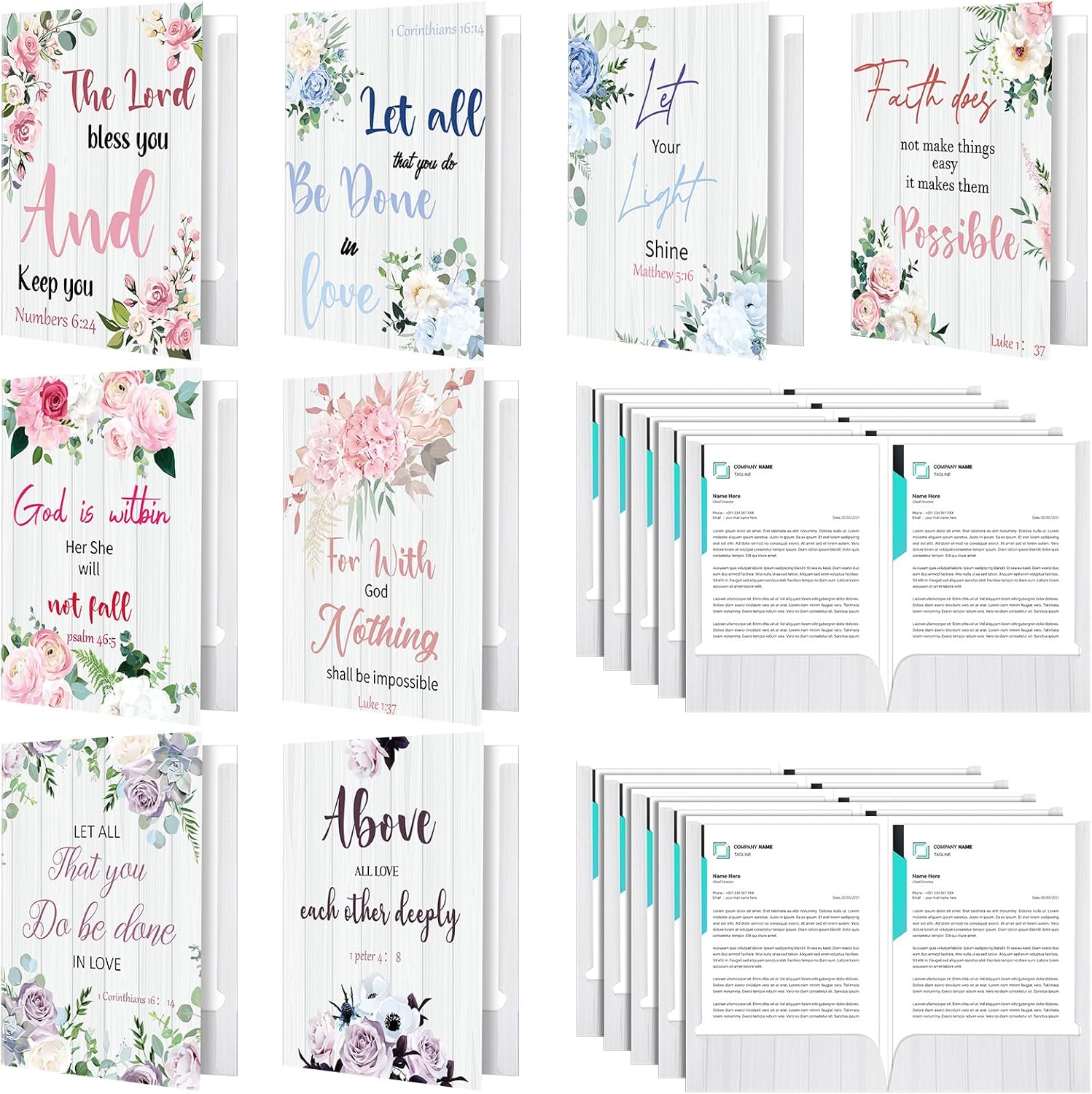 Qeeenar 24 Pack Christian Decorative File Folders with Pockets Decorative File Organizer 9x12 Inch Size Bible Verse Document Holder for Office, School, and Home(Flower Style)