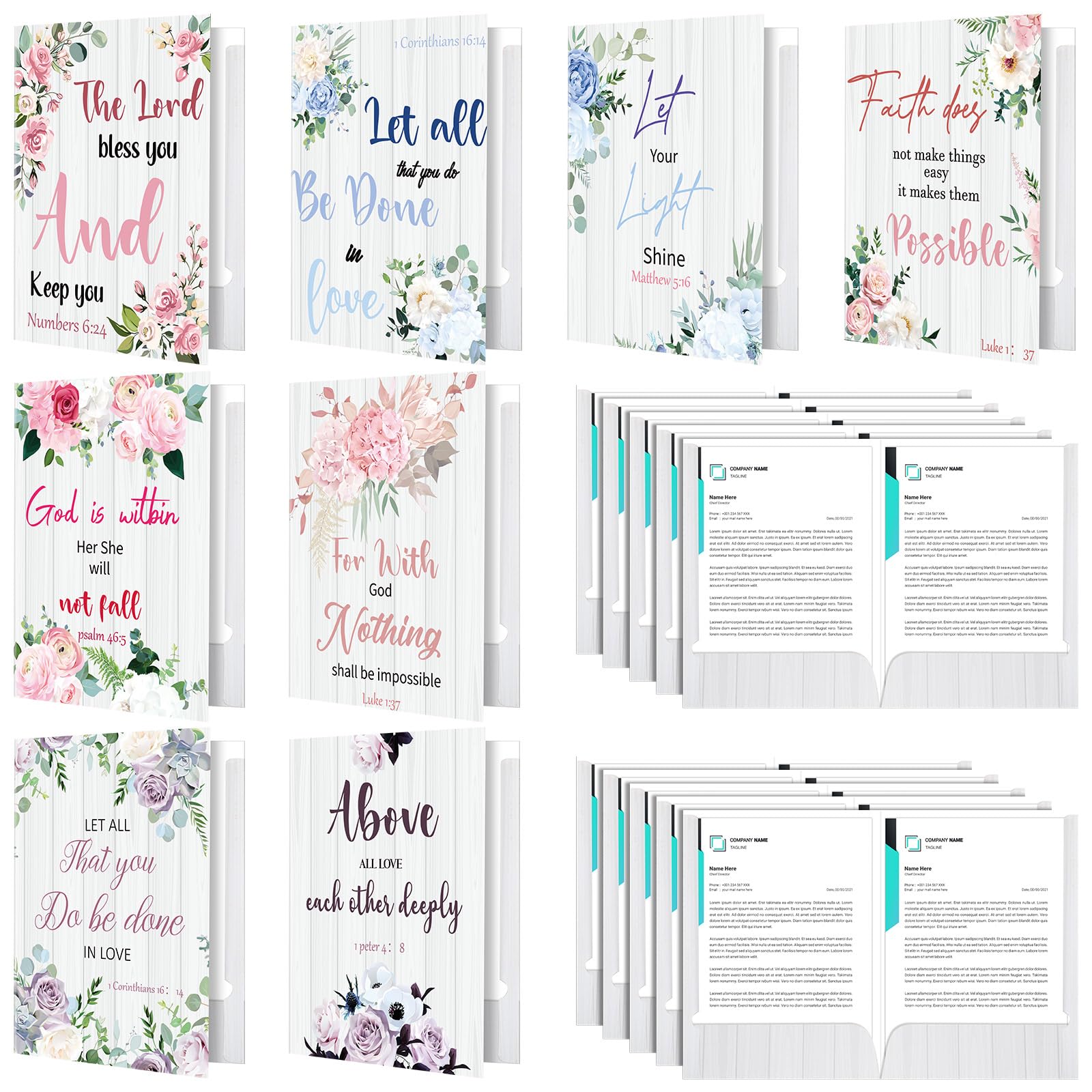 Qeeenar 24 Pack Christian Bible Verse Folders with Pockets File 2 Pocket Folders Letter 9x12 Inch Size Bible Verse Decorative for Women Girls School,