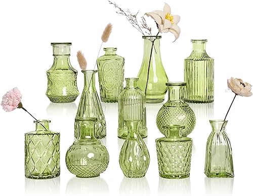 Jarrones verdes pequeños a granel 12, jarrones de flores vintage en relieve para centros de mesa, jarrón de cristal bohemio para flores, mini jarrón