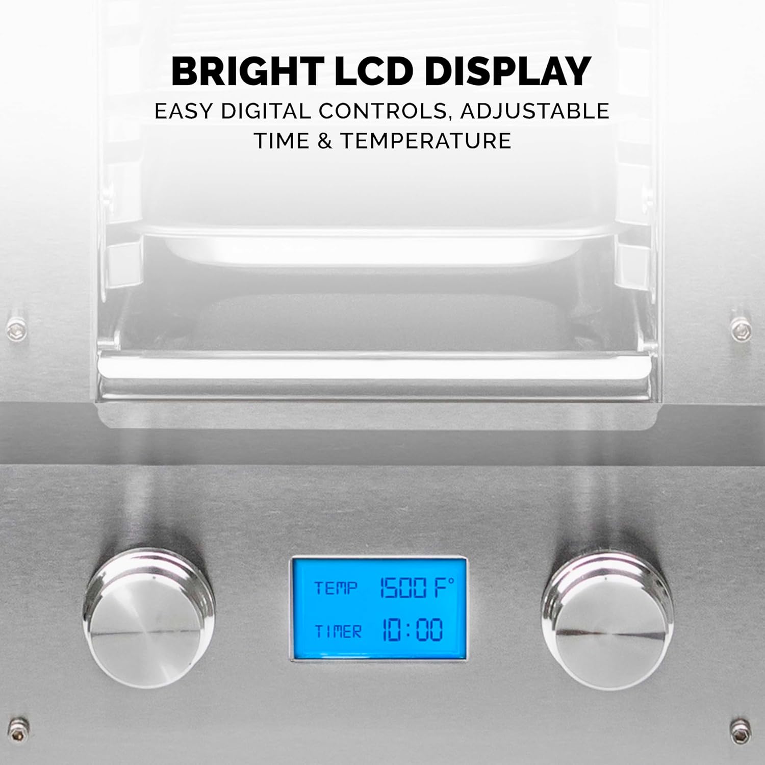 Close-up of the Kalorik Steakhouse Grill Pro's bright LCD display showing temperature and timer settings, flanked by two control knobs.