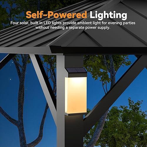 Miniatura 4 de Glorieta moderna con techo rígido de 10 x 10 pies, glorieta permanente de metal con 4 luces LED, pabellón para exteriores con techo de acero