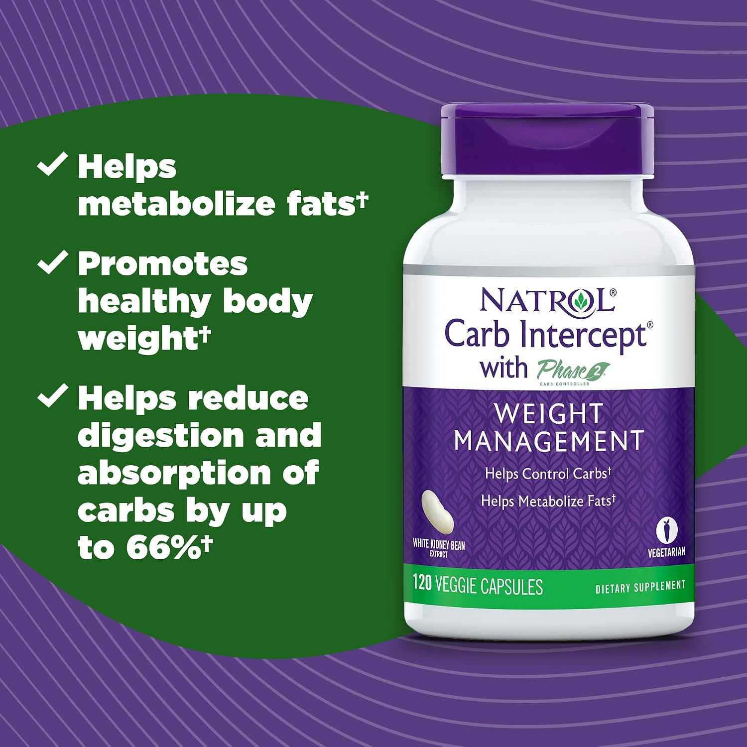 Natrol Carb Intercept with Phase 2 Carb Controller Capsules, White Kidney Bean Extract, Helps Control Carbs, Helps Metabolize Fats, Clinically Tested, Promotes Healthy Body Weight, 1,000mg, 120 Count