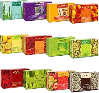 Vaadi Herbals Assorted Pack of 12 Natural Herbal Aromatherapy Soaps with Essential Oils - Anti-Aging, Wrinkle Reducing, All Skin Types, 75g Each
