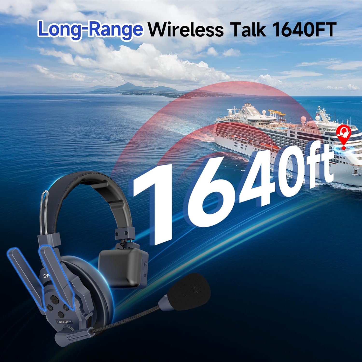 SYNCO XTALK Master 4 Users Wireless Intercom Headset System, 500m/1640ft Range ENC 2.0 Noise Reduction 2.4GHz Full Duplex Intercom Communication Headsets App 15H Battery Life