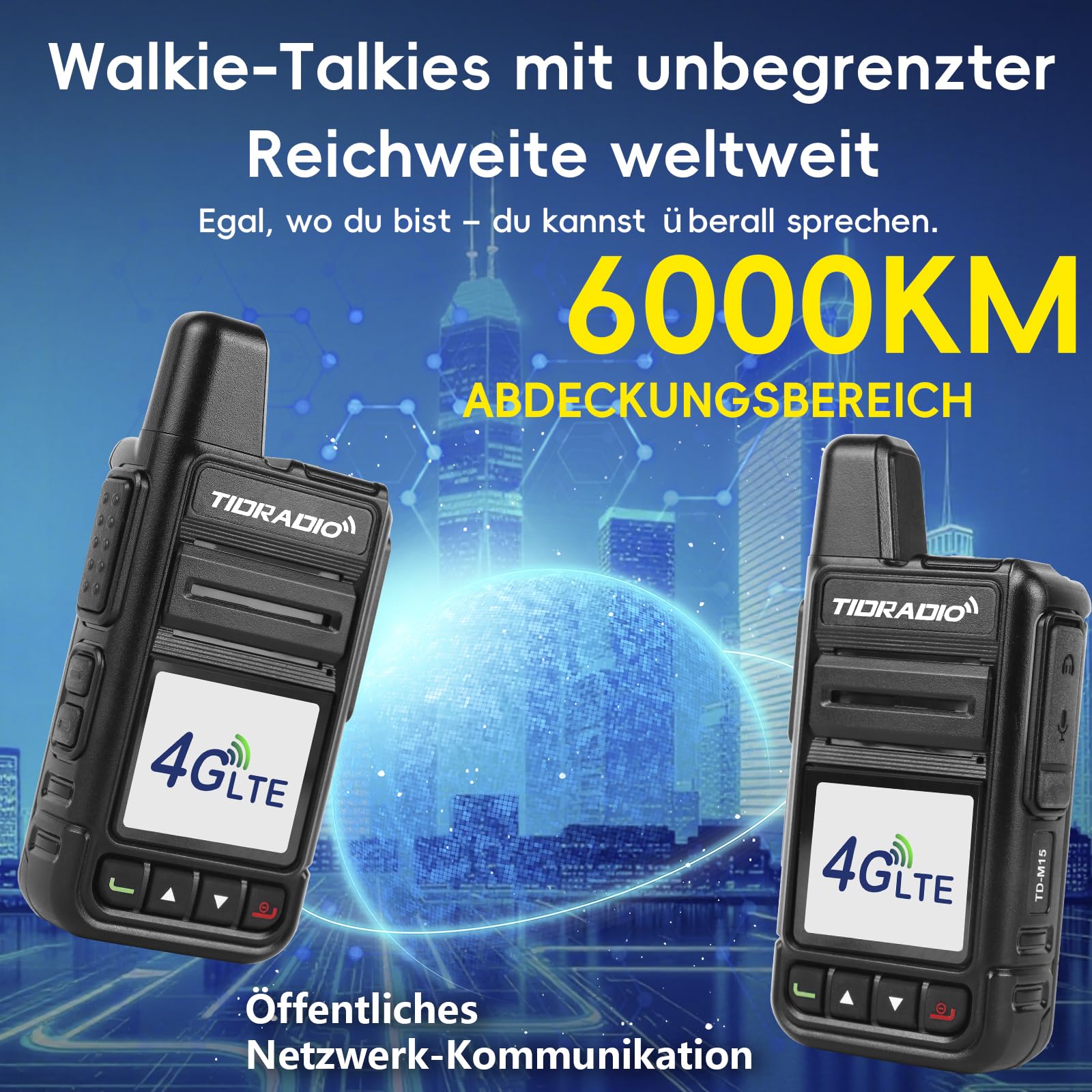 TIDRADIO TD‑M15 Global Walkie Talkie, 4G LTE PoC Funkgerät mit europaweiterer Abdeckung, Funkgeräte 6000 km Reichweite & 1 Jahr gratis Daten inkl. SIM‑Karte, Für Familie, Gewerbe, Logistik, 2er Set