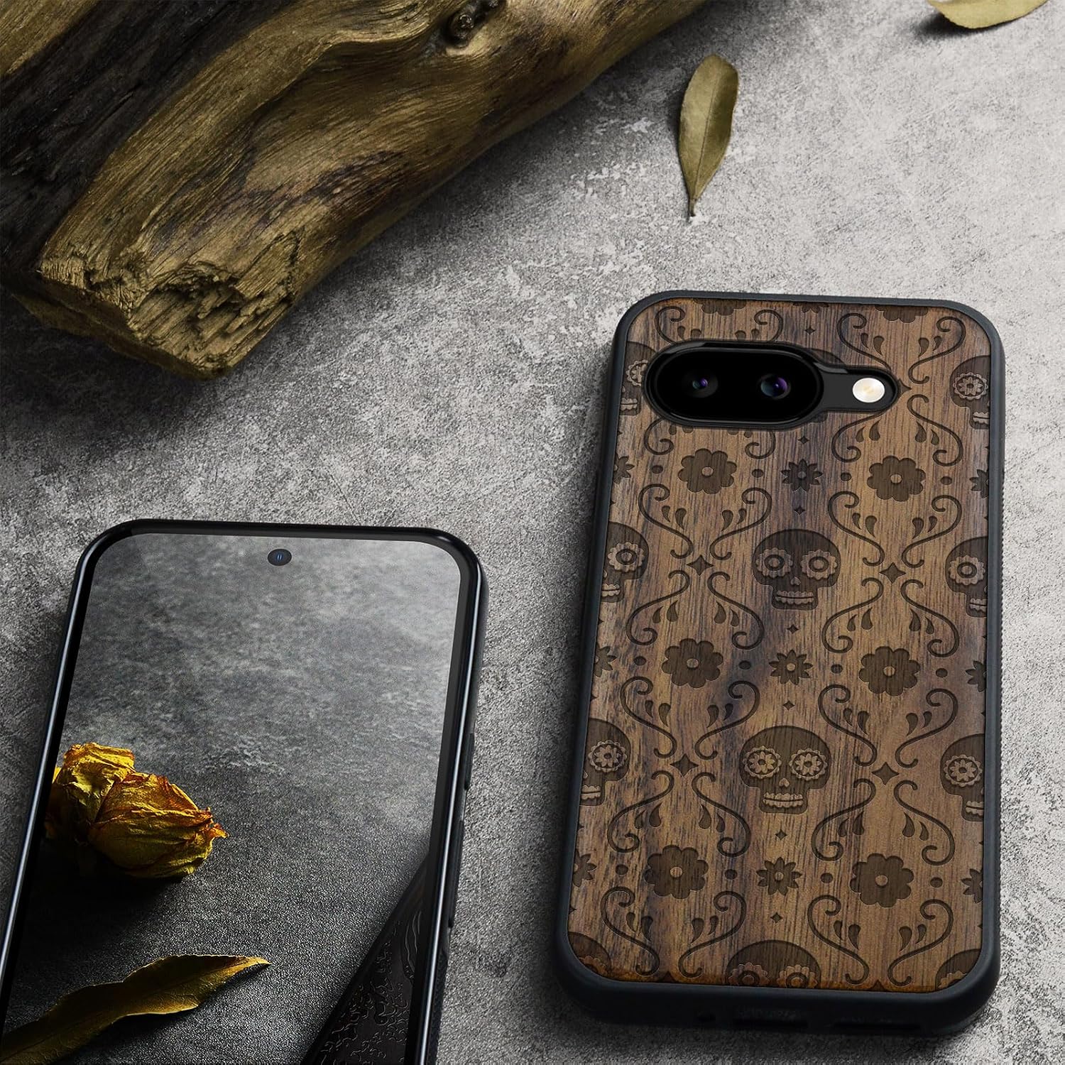 Carveit Magnetic Wooden Case for Google Pixel 9a Case, Wood Artisan Engraved & Soft TPU Shockproof Cover, Compatible with MagSafe Wireless Chargers (Sugar Skull Bloom) Walnut