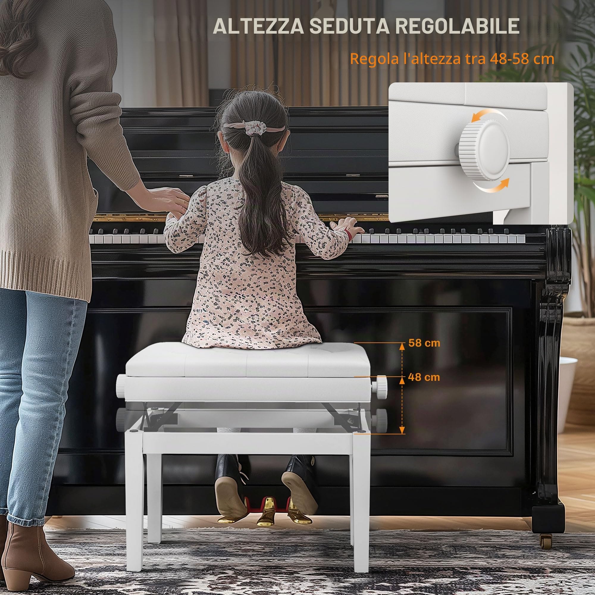 HOMCOM Sgabello da Piano con Ripiano Gambe Legno 54.5x33x48-58cm Bianco | Sgabello per Pianoforte, Altezza Regolabile 48-58 cm, Sgabello Imbottito per Tastiera