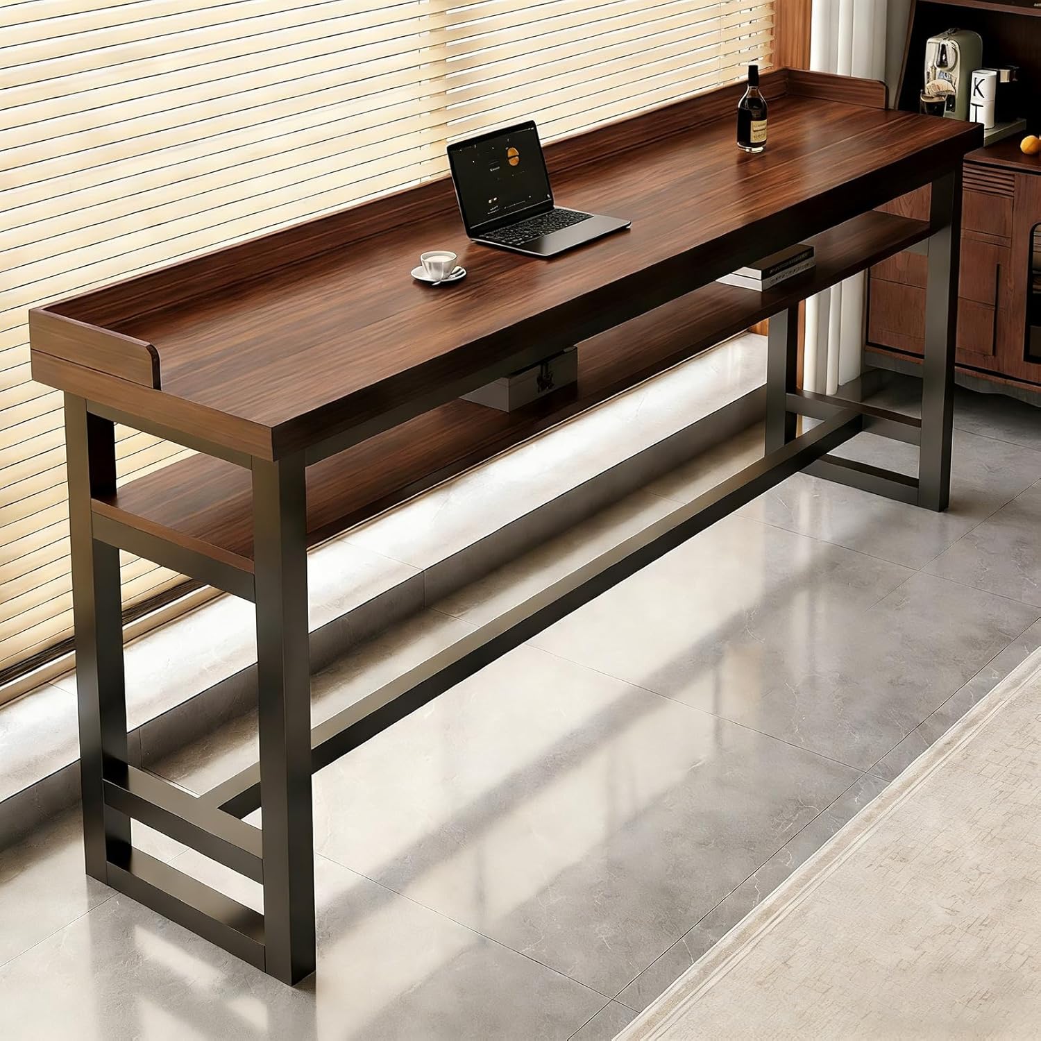 Solid Wood Rectangular Bar Table - Metal Frame Long Sofa Table for Kitchen, Dining Room, Coffee Shop & Home Bar No Chairs Dark Walnut(Double Layer/Guard) 47.3×23.7×29.6"