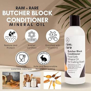Raw Plus Rare Cutting Board Mineral Oil 8 oz | Kosher-certified, food-safe oil that conditions wood cutting boards, cast iron, and blades