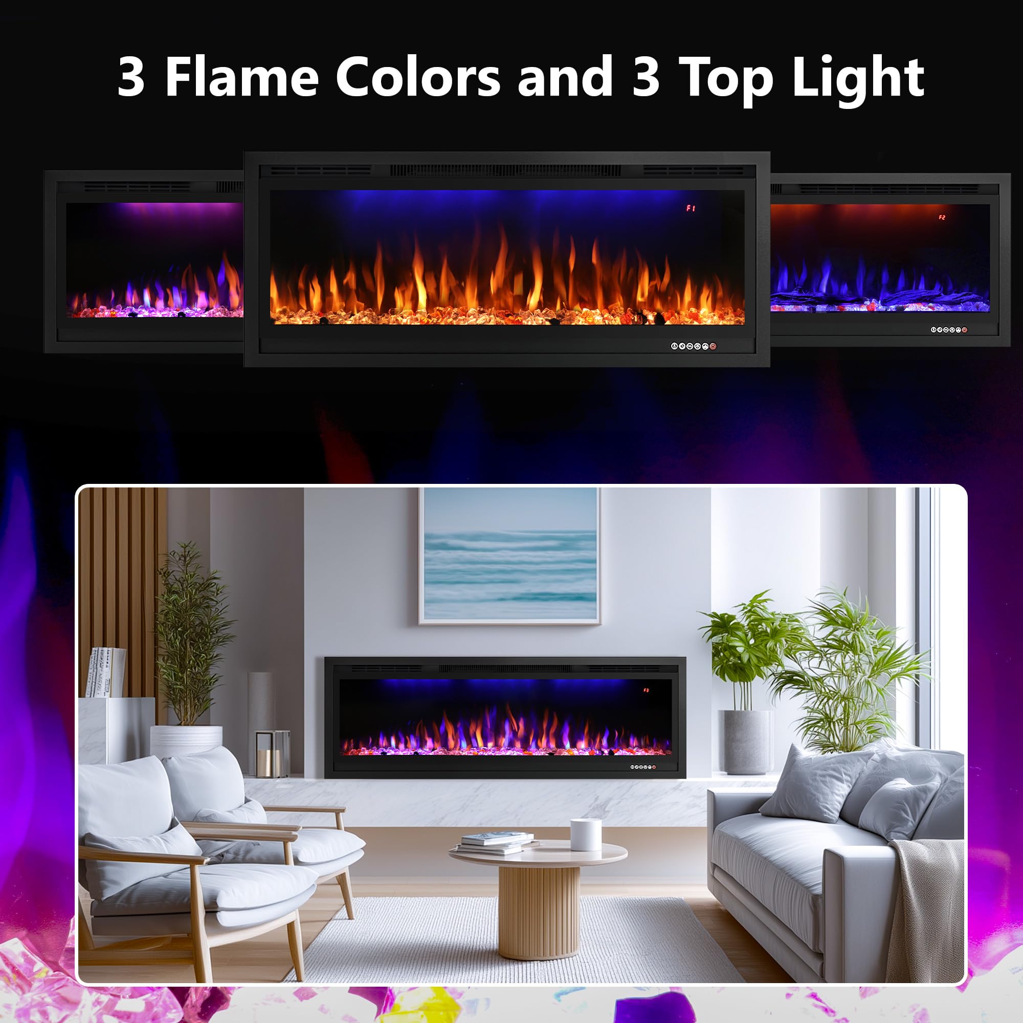 107cm/42" Camino elettrico con 3 Colori di fiamma e Luce Superiore, Termostato, 750W/1500W, Timer, Incastrato e Montato a Parete