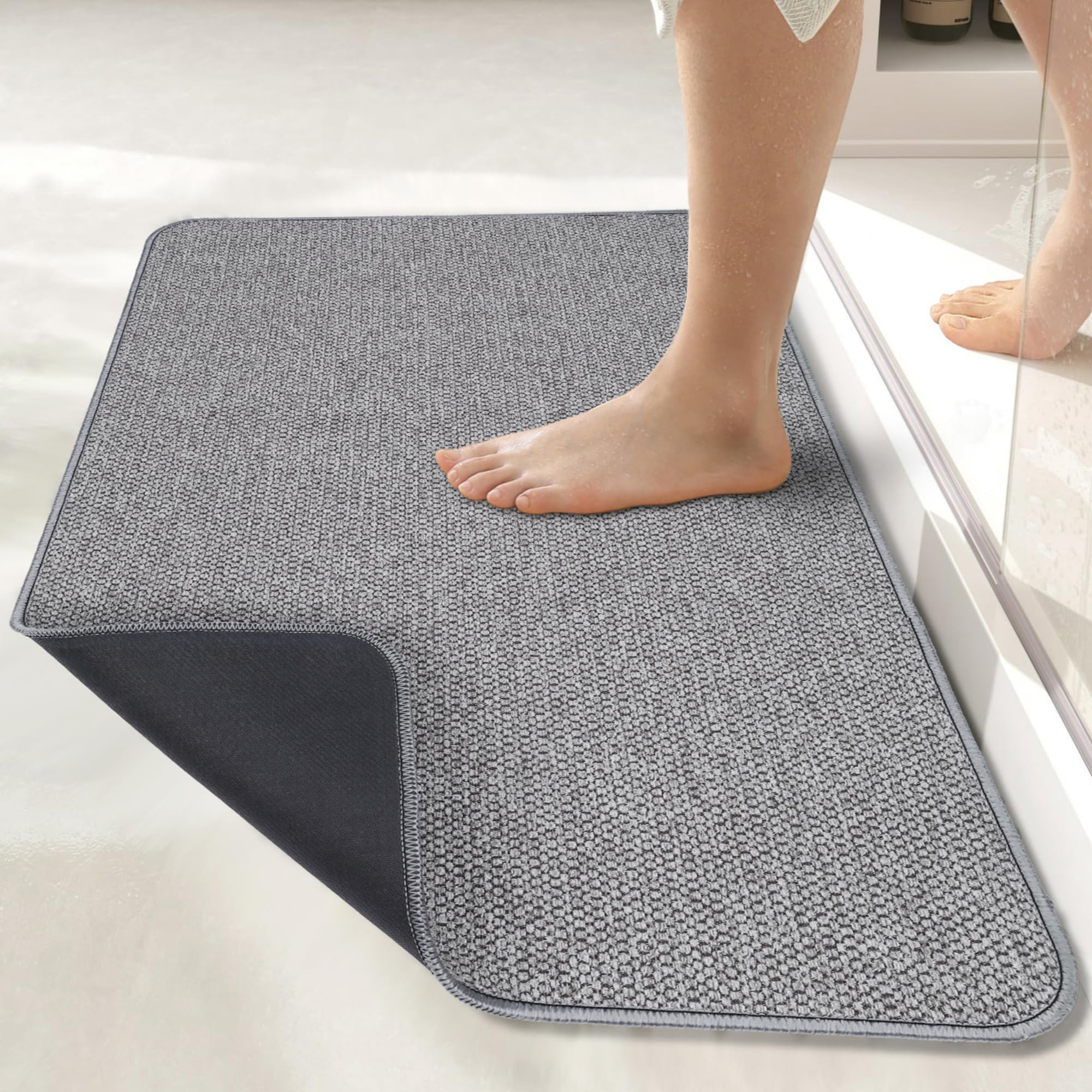 Bath Mat,Ultra Thin Bathroom Rugs,Rubber Bath Mats for Bathroom,No Slip Bath Rugs,Quick Dry,Machine Washable,Low Pile,Absorbent,Shower Outside,Sink,Home Decor Accessories.Grey,1'5"x2'3"(17x27Inch)