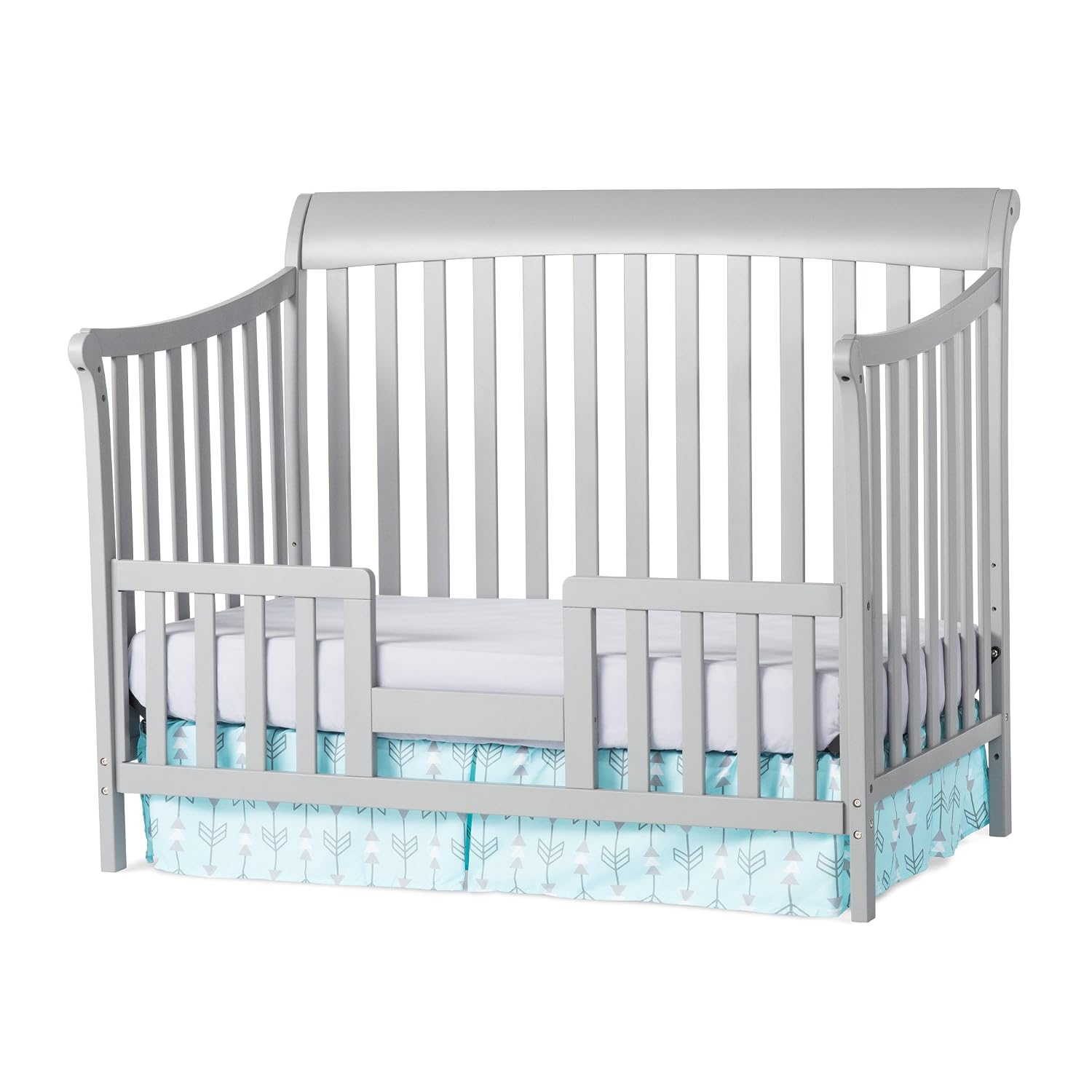 Child Craft Coventry 4-in-1 Convertible Full-Size Crib converted to a toddler bed with a guard rail.