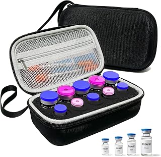 10 Slots Peptide Case for Fridge, Fits 1ml 2ml 3ml and 10ml U-100 Vials Storage for Peptide, Insulin, GLP-1 with Hand Strap, Black, Case Only, No Ice Pack