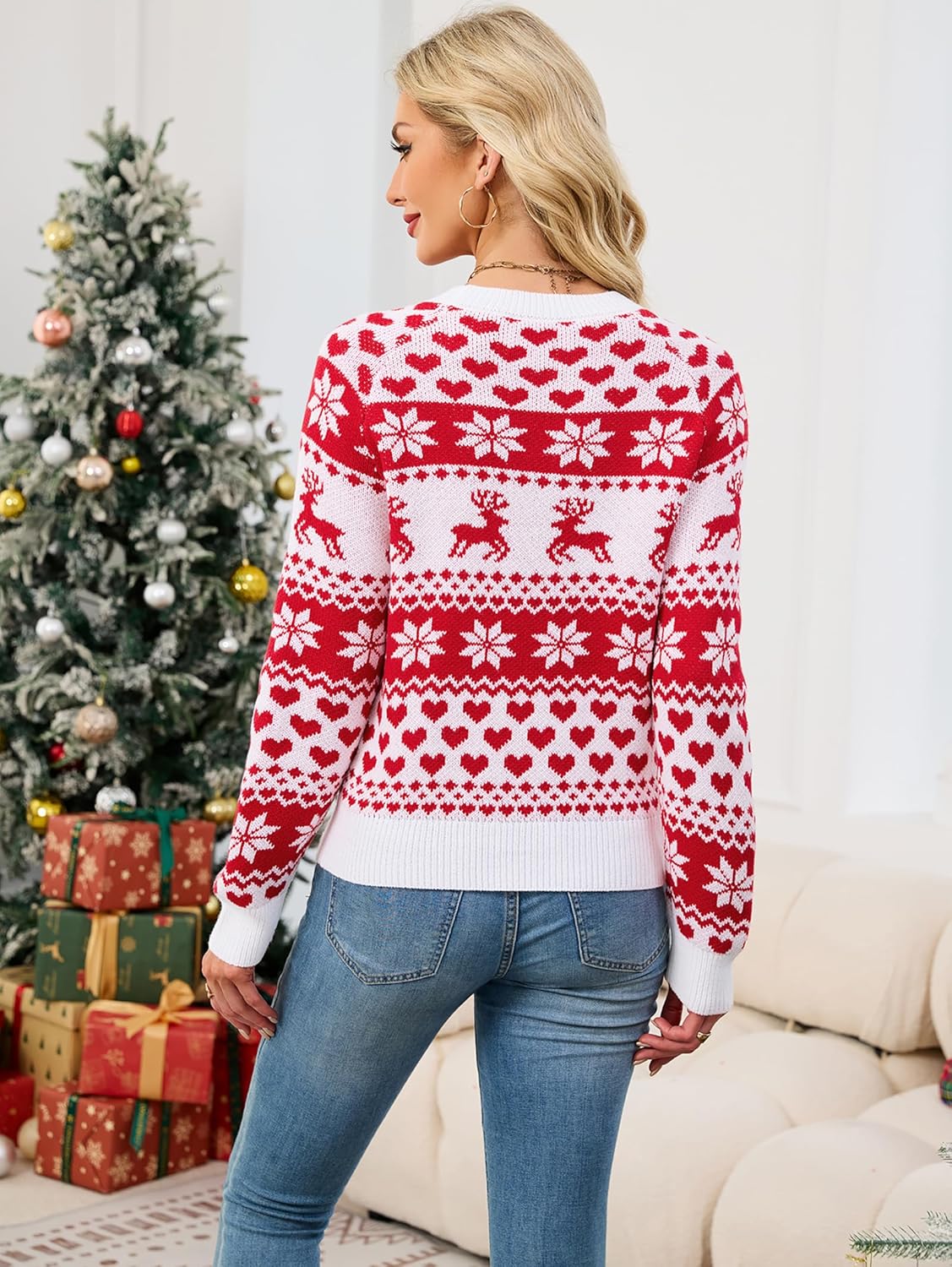 SunnyMelody Womens Christmas Sweater Holiday Ugly Sweater Reindeer Snowflake Heart Knit Pullover Crew Neck 2025 Tops - Image 3