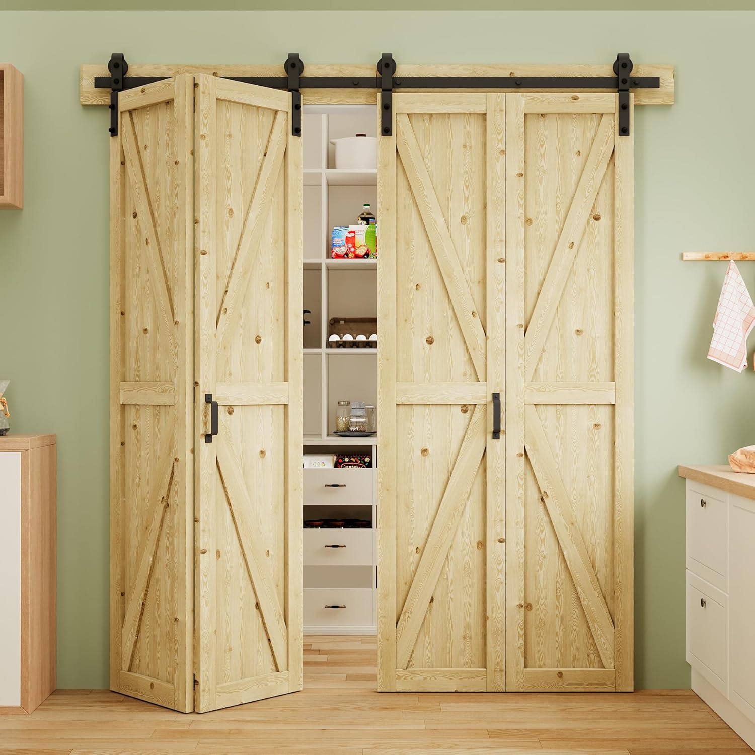 Water-Resistant Bifold Barn Door, 50" x 84" for 4 Closet Doors, Unfinished Bi Fold Barn Door with Header Board & Hardware Kit, Pre-Assembled Solid Spruce Wood Panel for Lower Energy Bills, K Shape