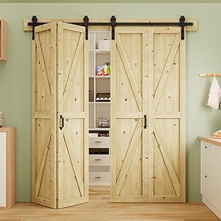 Water-Resistant Bifold Barn Door, 72" x 84" for 4 Closet Doors, Unfinished Bi Fold Barn Door with Header Board & Hardware Kit, Pre-Assembled Solid Spruce Wood Panel for Lower Energy Bills, K Shape