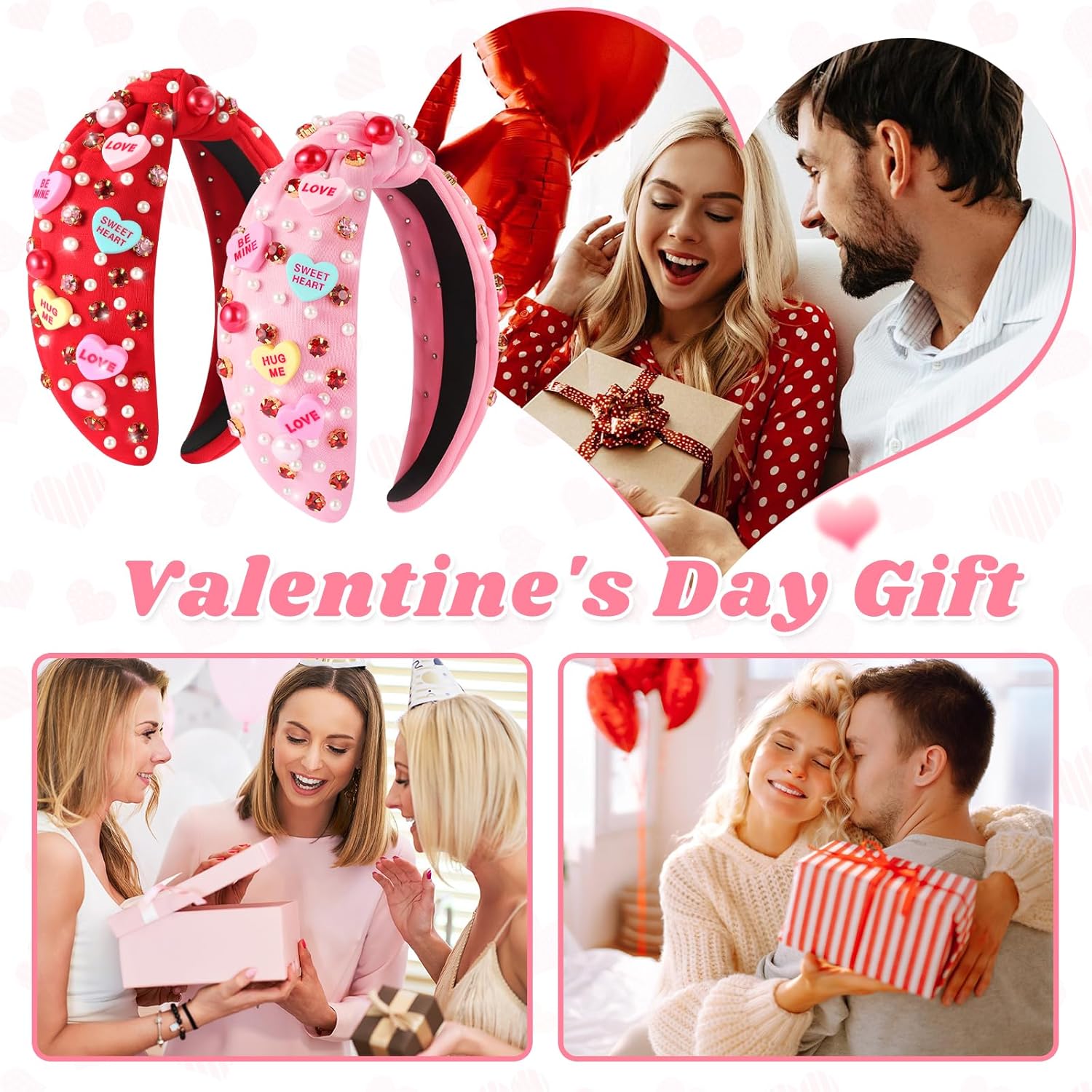 2 Pcs Valentines Day Headband for Women Love Heart Headband Pearl Rhinestone Crystal Jeweled Hairbands Fashion Ladies Hair Band Valentine’s Day Hair Accessories (Red and Pink) - Image 6