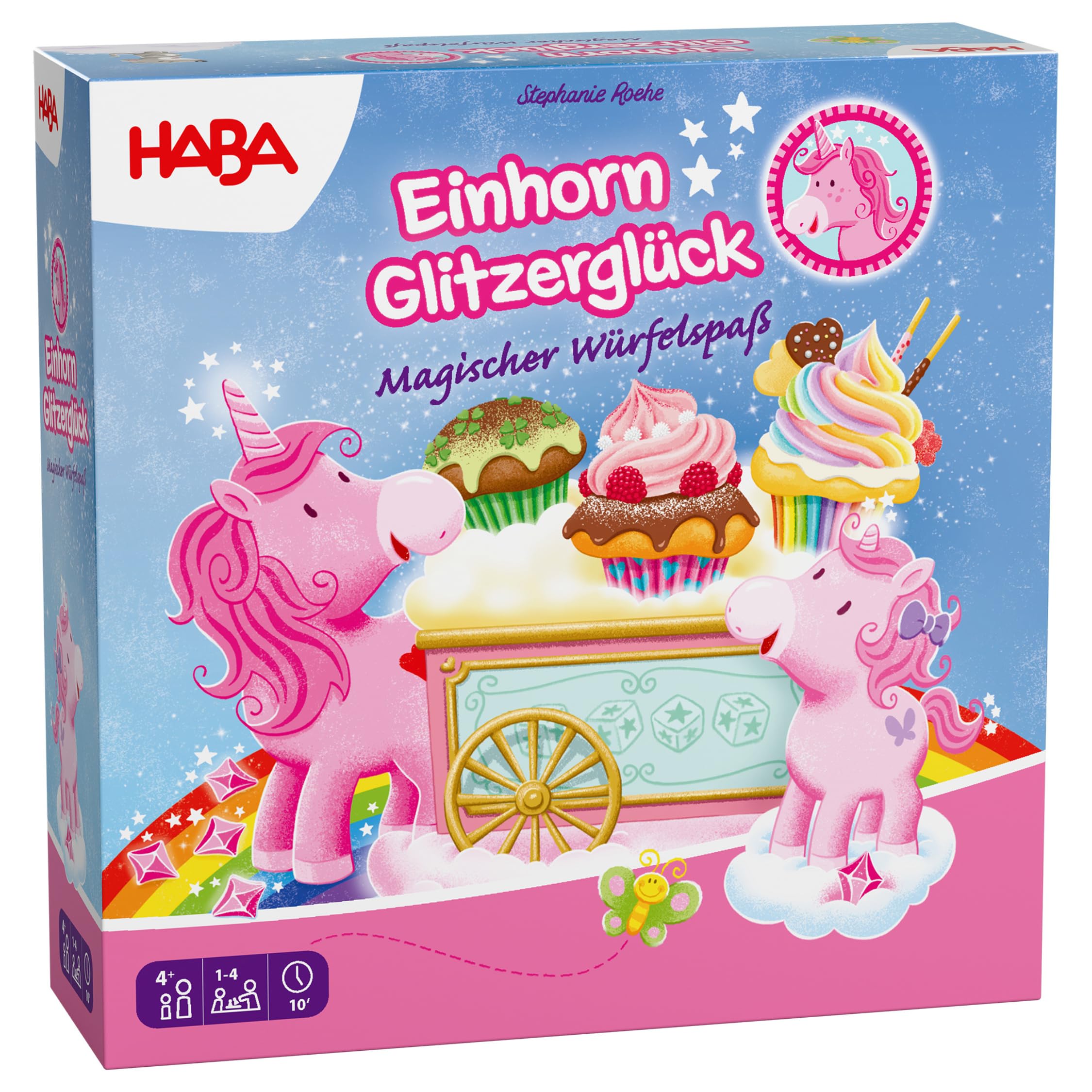 HABA Einhorn Glitzerglück – Magischer Würfelspaß ab 4 Jahren – Würfelspiel für 2–4 Kinder, kooperativ & kompetitiv, fördert Zahlenverständnis – 2013170001