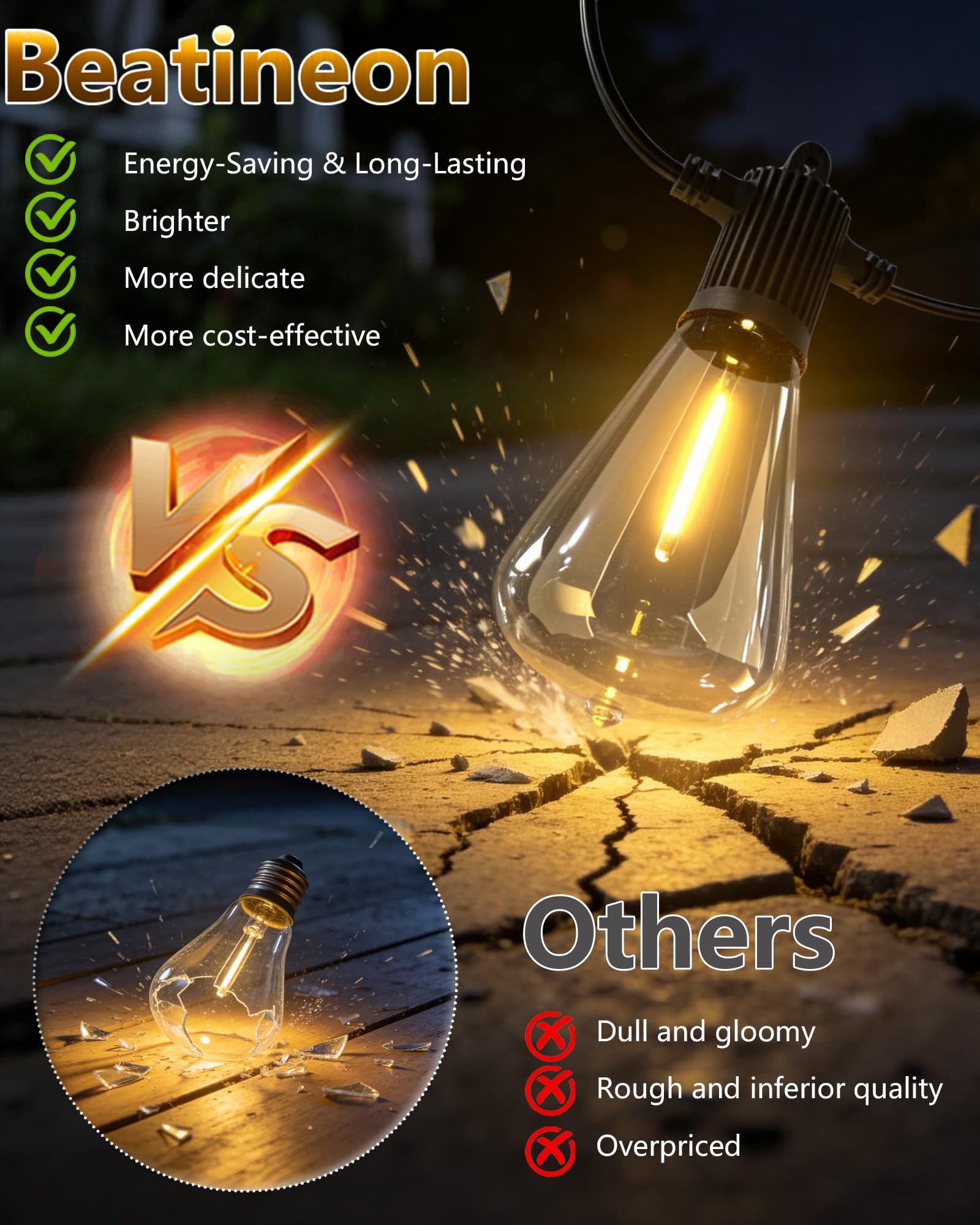 LED-Lichterkette für den Außenbereich, 30 m, Terrassenlicht mit 52 bruchsicheren ST38-Edison-Glühbirnen, wasserdichte Außenleuchte für Urlaub, Veranda, Deck, Garten, Hinterhof, Balkon, 2700