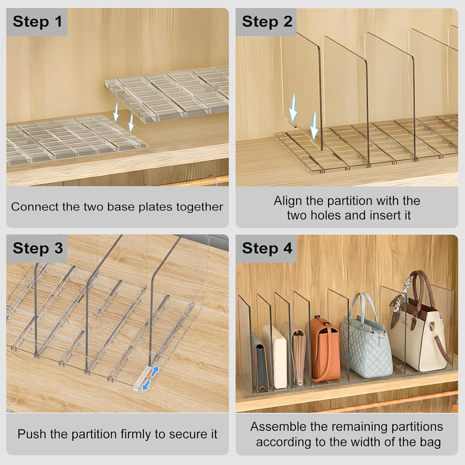 Bag & Purse Organizer for Closet: Adjustable Clear Handbag Storage Shelf - Plastic Clutch Dividers for Closet Organizers and Storage - Keep Carteras & Pocketbook Upright - Image 7
